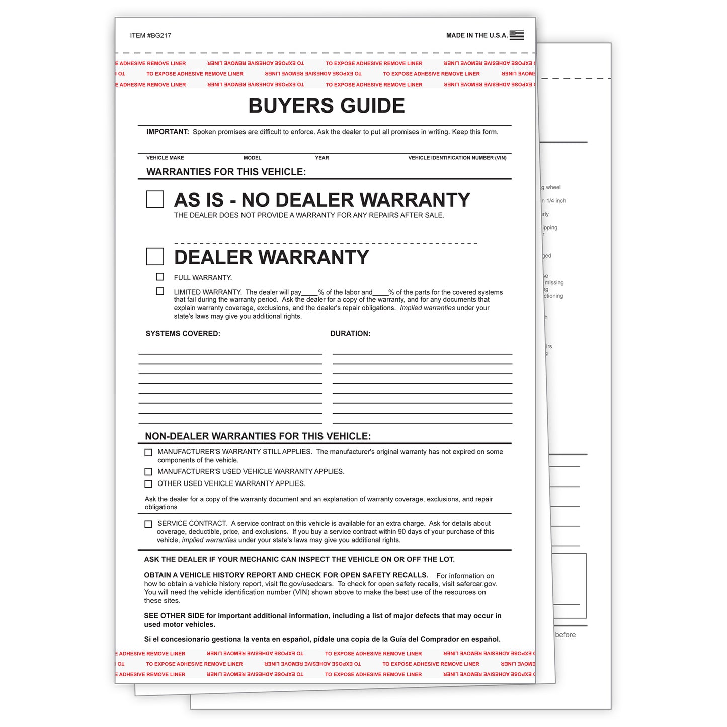 2-Part Adhesive Tape Car Dealership Buyers Guides - As Is (Package of 100)