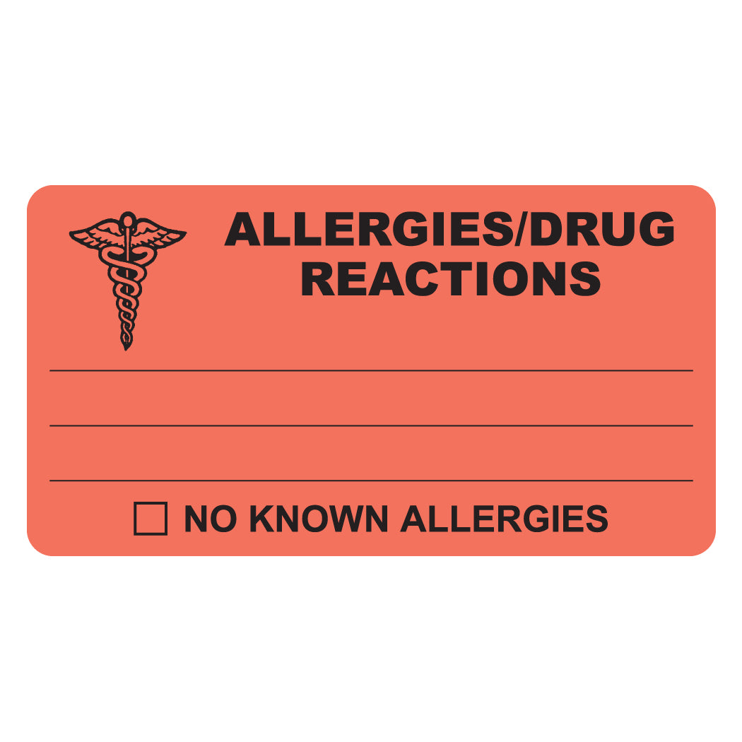 MAP327 ALLERGIES/DRUG REACTIONS- Fluorescent Red 4" X 2-1/2" (Roll of 100)