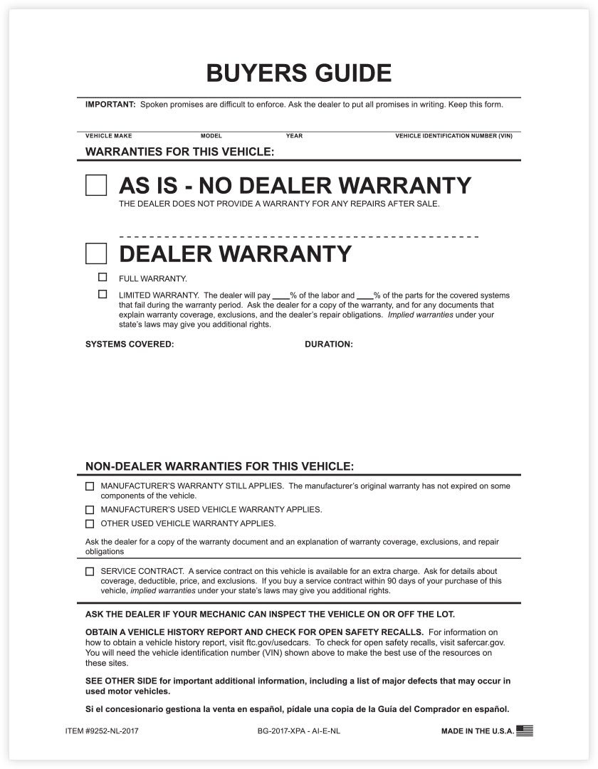 Outdoor Application Car Dealer Buyers Guide Laser Window Stickers - As Is No Lines (Package of 100)