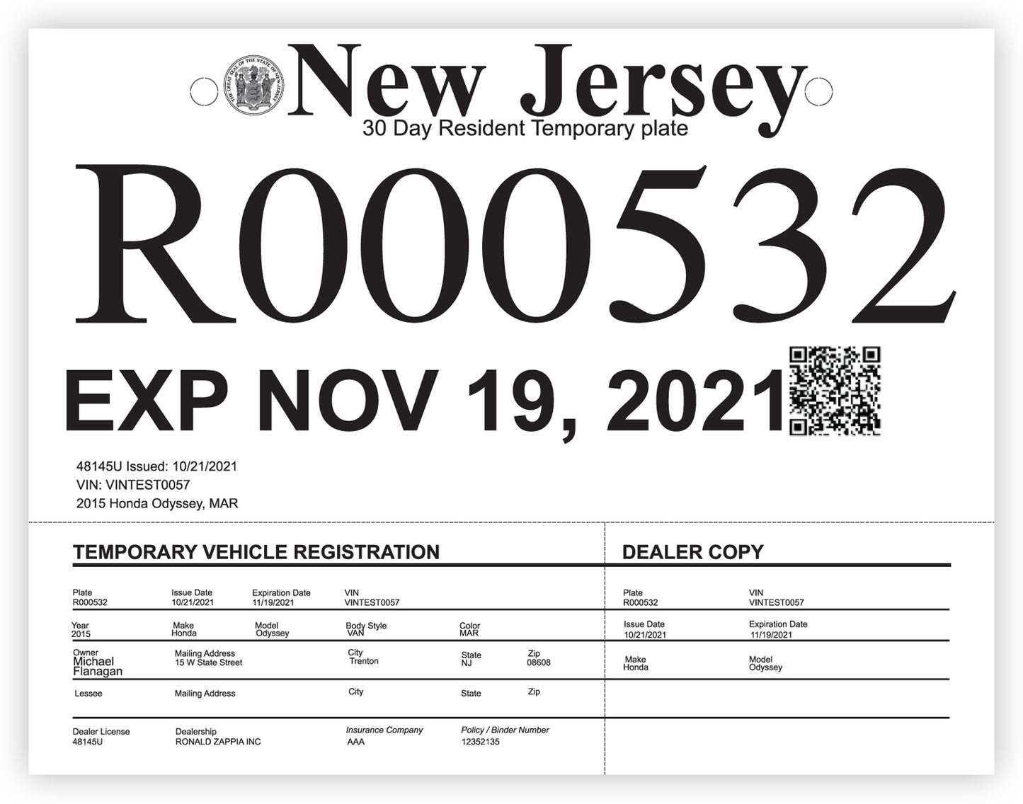 Blank Printable New Jersey State Car Dealership Tear Resistant Temporary Tags - 8 Mil (Package of 100)