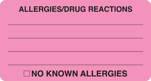 MAP1730 ALLERGIES/DRUG REACTIONS- Fluorescent Pink 3-1/4" X 1-3/4" (Roll of 250) - Nationwide Filing Supplies
