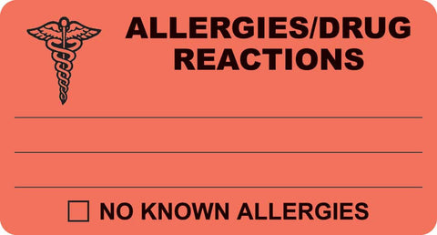 MAP327 ALLERGIES/DRUG REACTIONS- Fluorescent Red  4" X 2-1/2" (Roll of 100) - Nationwide Filing Supplies