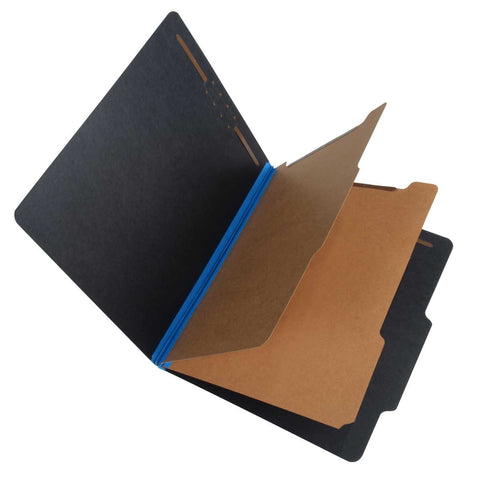 SJ Paper S62624 25 Pt. Fusion Black Pressboard Classification Folders, 2/5 Cut ROC Top Tab, Letter Size, 2 Dividers, Blue Tyvek (Box of 15) - Nationwide Filing Supplies