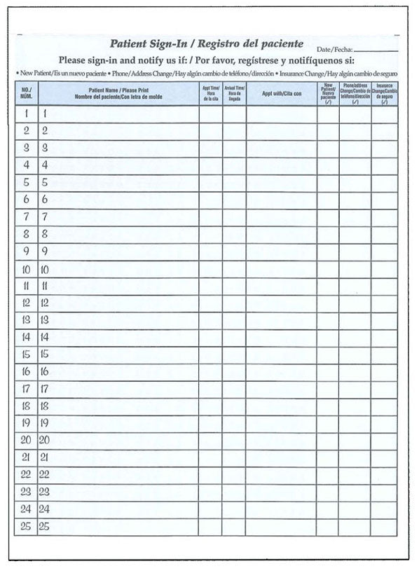 Patient-Sign In Sheets, HIPAA Compliant, 8-1/2" x 11" Carbonless Form, Spanish/English Bilingual, Blue (Pack of 125)
