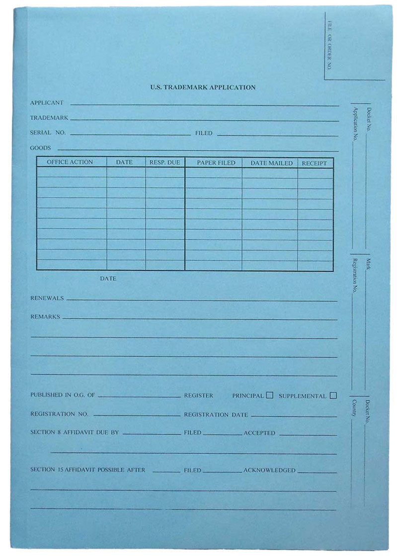 Patent and Trademark Folder, No Tab for Drawer Filing, Blue - "U.S. TRADEMARK APPLICATION" (Box of 25) - Nationwide Filing Supplies