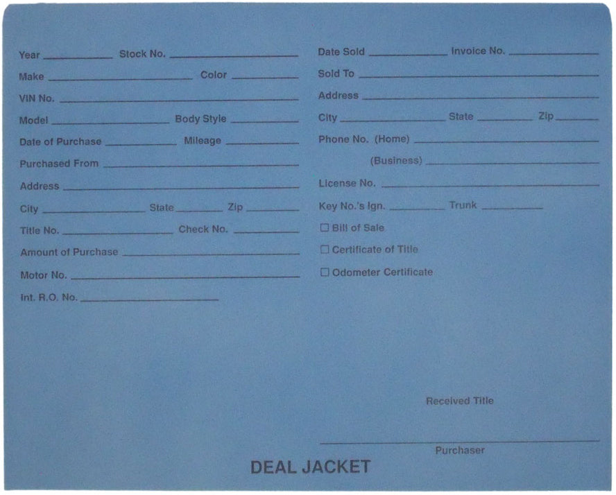 Pre-Printed Auto Dealer Vehicle Deal Jackets, 11-3/4" x 9-1/2" (Box of 100)