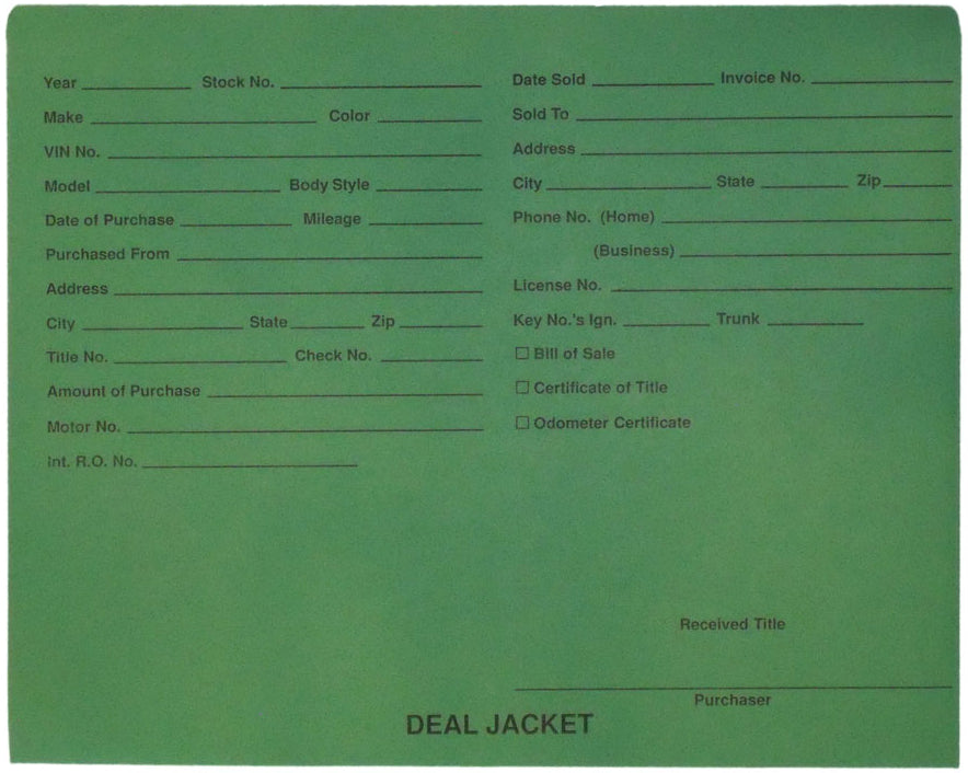 Pre-Printed Auto Dealer Vehicle Deal Jackets, 11-3/4" x 9-1/2" (Box of 100)