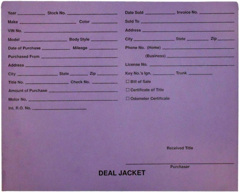 Pre-Printed Auto Dealer Vehicle Deal Jackets, 11-3/4" x 9-1/2" (Box of 100)