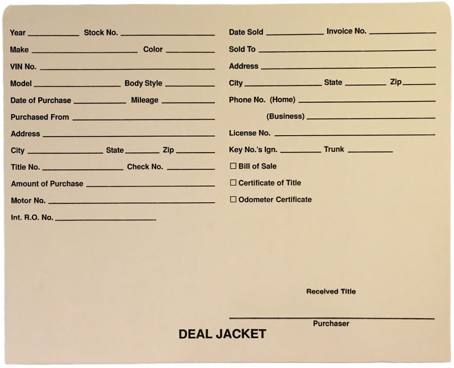 Pre-Printed Auto Dealer Vehicle Deal Jackets, 11-3/4" x 9-1/2" (Box of 100)