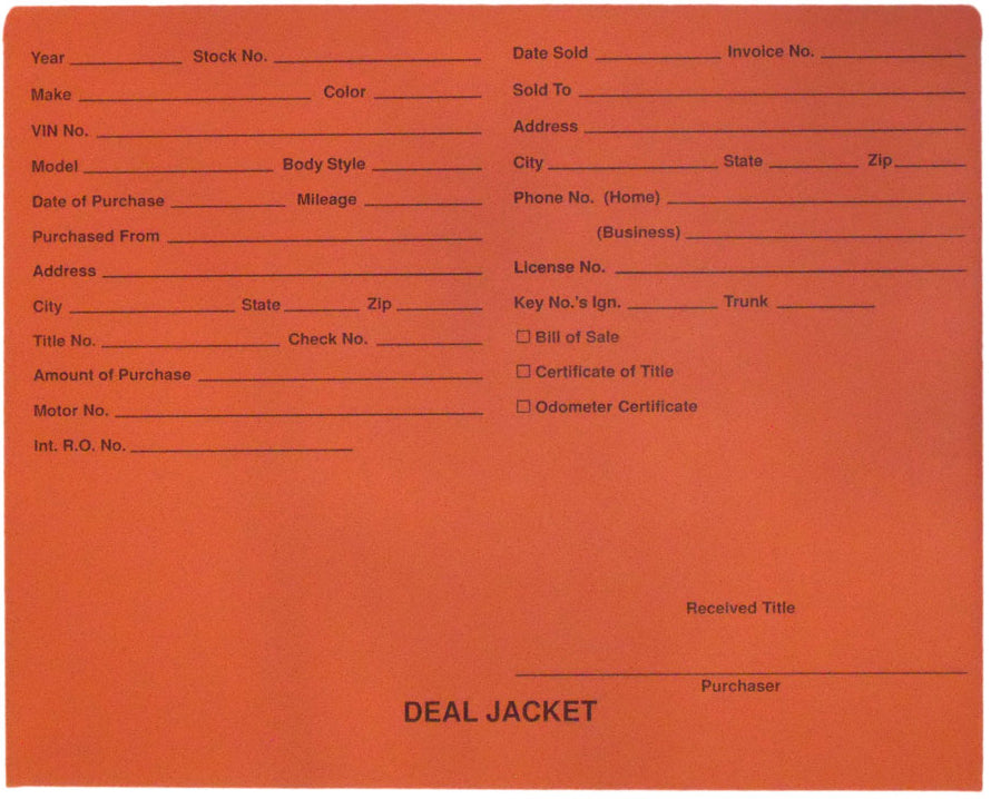 Pre-Printed Auto Dealer Vehicle Deal Jackets, 11-3/4" x 9-1/2" (Box of 100)