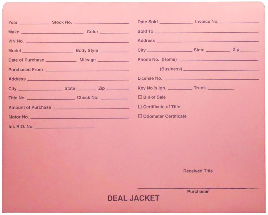 Pre-Printed Auto Dealer Vehicle Deal Jackets, 11-3/4" x 9-1/2" (Box of 100)