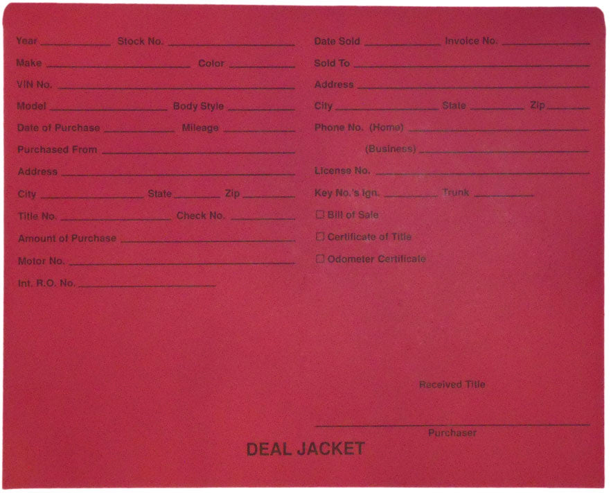 Pre-Printed Auto Dealer Vehicle Deal Jackets, 11-3/4" x 9-1/2" (Box of 100)