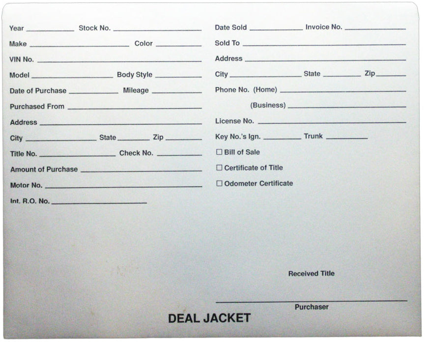 Pre-Printed Auto Dealer Vehicle Deal Jackets, 11-3/4" x 9-1/2" (Box of 100)
