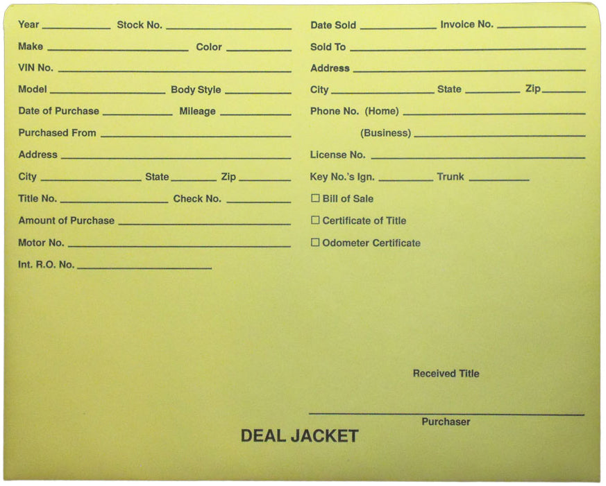 Pre-Printed Auto Dealer Vehicle Deal Jackets, 11-3/4" x 9-1/2" (Box of 100)