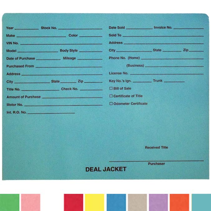 Pre-Printed Auto Dealer Vehicle Deal Jackets, 11-3/4" x 9-1/2" (Box of 100)