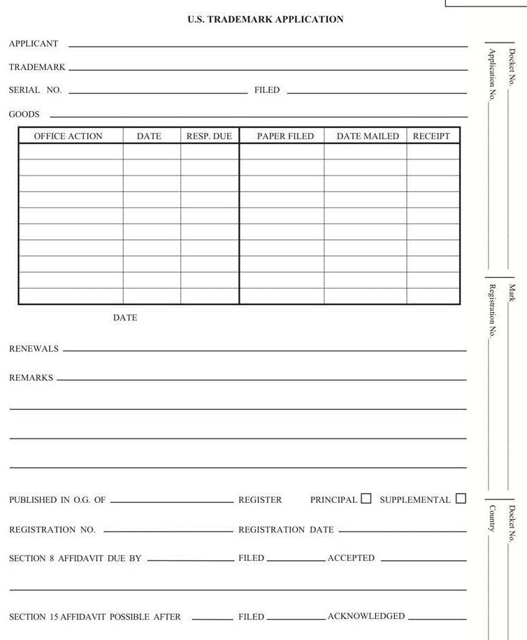 Patent and Trademark Folder, End Tab for Shelf Filing, Blue - "U.S. TRADEMARK APPLICATION" 3 fasteners (box of 25)