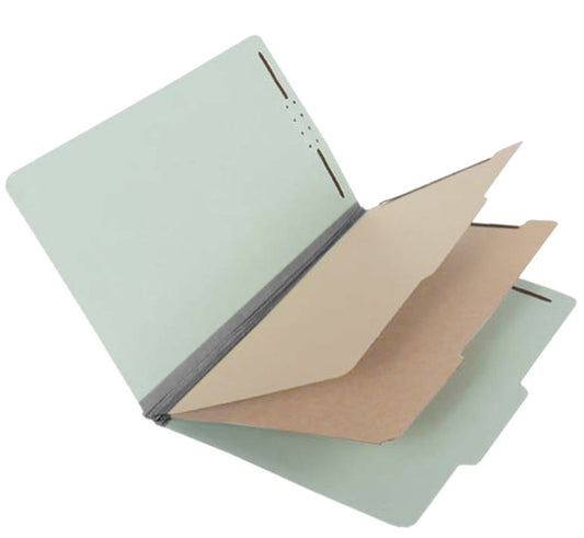 S61904 25 Pt Pressboard Classification Folders, 2/5 Cut ROC Top Tab, Legal Size, 2 Dividers, Pale Green (Box of 15)