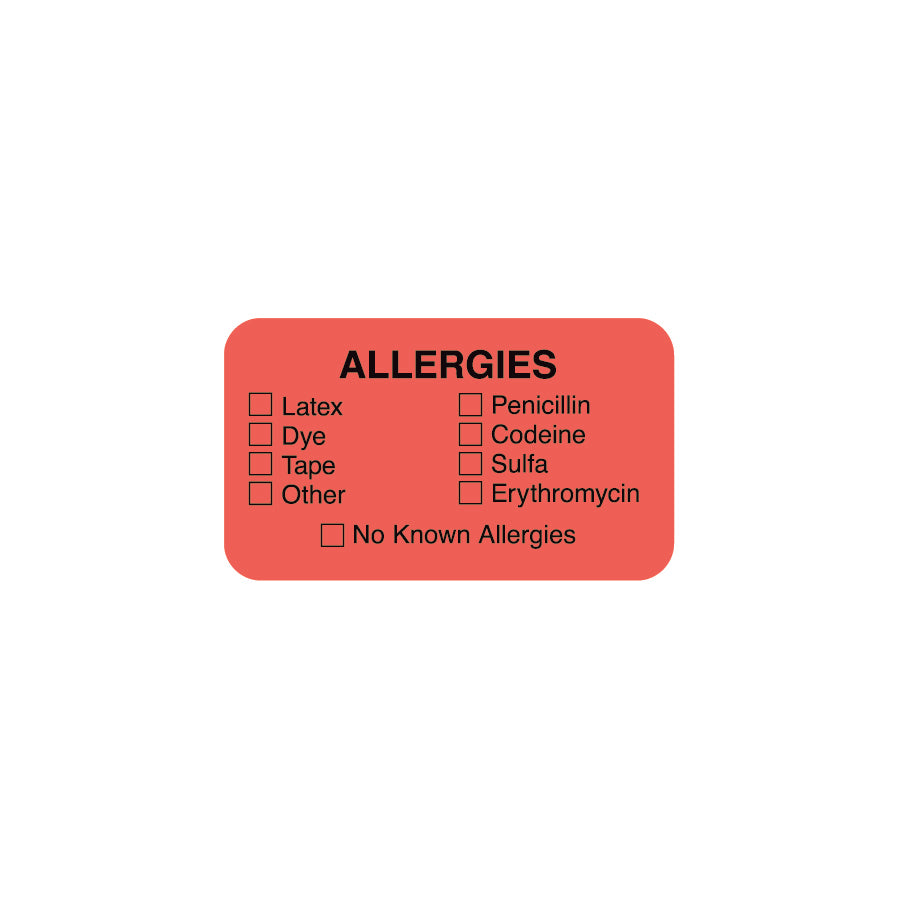 ARD1323 ALLERGIES- Fluorescent Red 1-1/2" X 7/8" (Roll of 250)