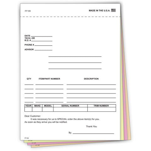 4-Part Auto Dealer Special Parts Order Forms - Stock (Package of 100)