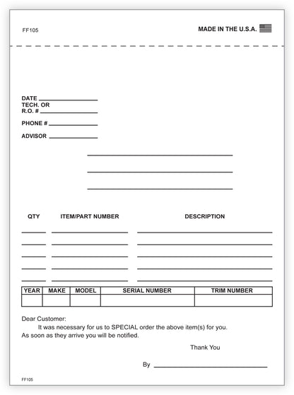 4-Part Auto Dealer Special Parts Order Forms - Stock (Package of 100)