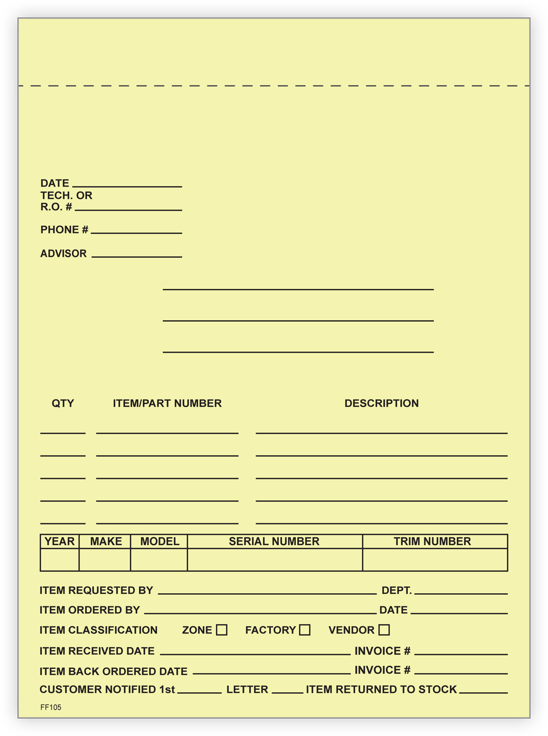 4-Part Auto Dealer Special Parts Order Forms - Stock (Package of 100)
