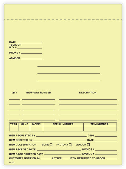 4-Part Auto Dealer Special Parts Order Forms - Stock (Package of 100)