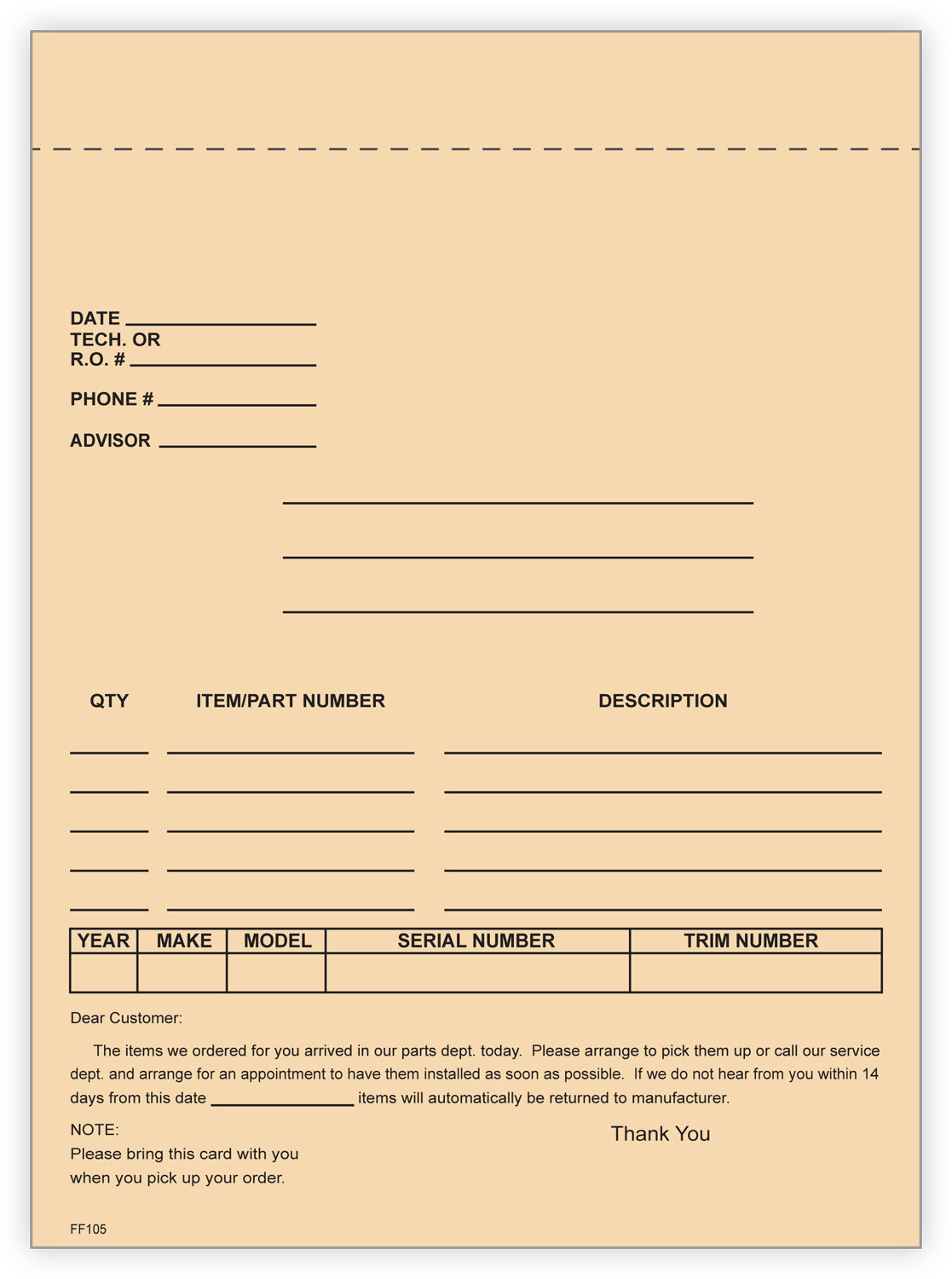 4-Part Auto Dealer Special Parts Order Forms - Stock (Package of 100)