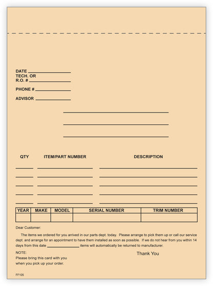 4-Part Auto Dealer Special Parts Order Forms - Stock (Package of 100)