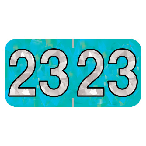 PMA Aqua Holographic Year 23 Labels, 1-1/2" X 3/4" Laminated- Roll of 500