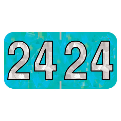 PMA Aqua Holographic Year 24 Labels, 1-1/2" X 3/4" Laminated- Roll of 500