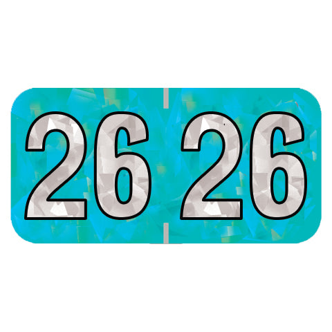 PMA Aqua Holographic Year 26 Labels, 1-1/2" X 3/4" Laminated- Roll of 500