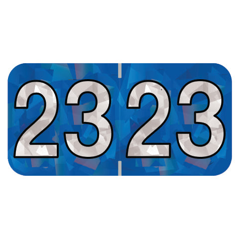 PMA Blue Holographic Year 23 Labels, 1-1/2" X 3/4" Laminated- Roll of 500