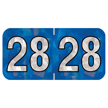 PMA Blue Holographic Year 28 Labels, 1-1/2" X 3/4" Laminated- Roll of 500