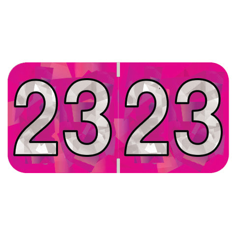 PMA Fuchsia Holographic Year 23 Labels, 3/4" x 1-1/2" Laminated- Roll of 500