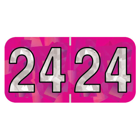 PMA Fuchsia Holographic Year 24 Labels, 3/4" x 1-1/2" Laminated- Roll of 500