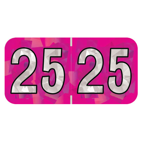 PMA Fuchsia Holographic Year 25 Labels, 3/4" x 1-1/2" Laminated- Roll of 500