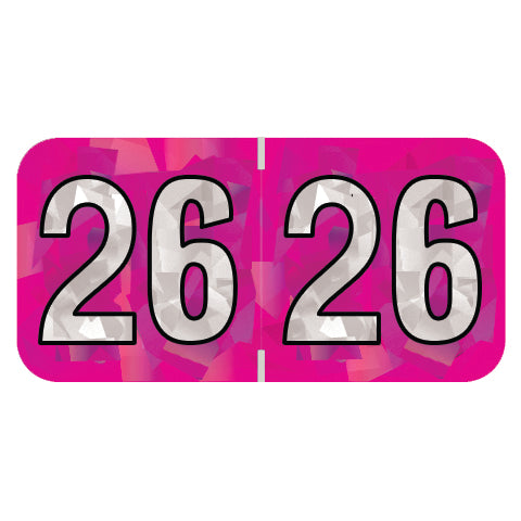 PMA Fuchsia Holographic Year 26 Labels, 3/4" x 1-1/2" Laminated- Roll of 500