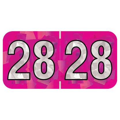 PMA Fuchsia Holographic Year 28 Labels, 3/4" x 1-1/2" Laminated- Roll of 500