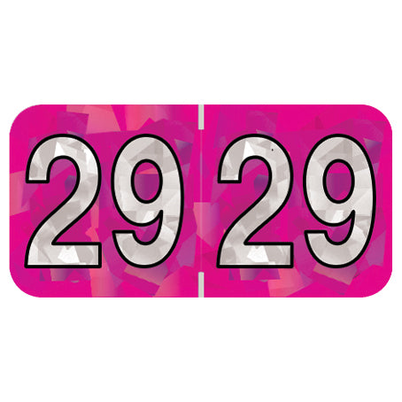 PMA Fuchsia Holographic Year 29 Labels, 3/4" x 1-1/2" Laminated- Roll of 500