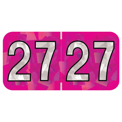 PMA Fuchsia Holographic Year 27 Labels, 3/4" x 1-1/2" Laminated- Roll of 500