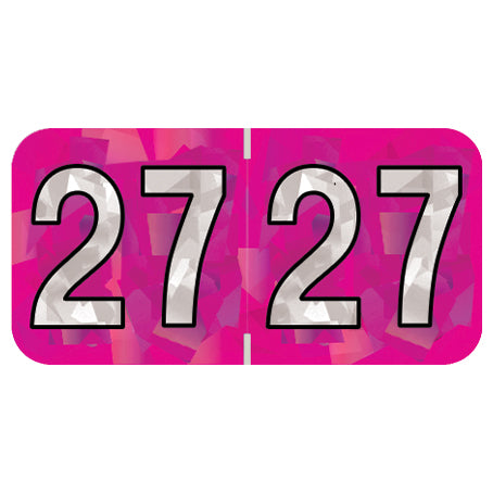 PMA Fuchsia Holographic Year 27 Labels, 3/4" x 1-1/2" Laminated- Roll of 500