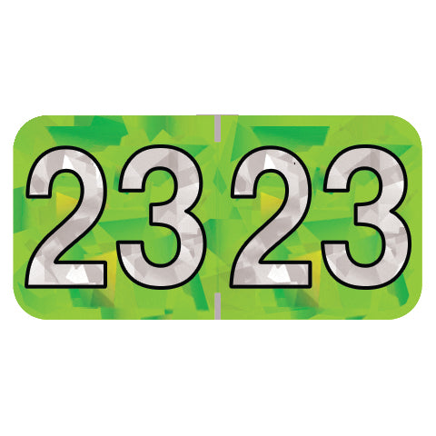 PMA Lime Holographic Year 23 Labels, 3/4" H x 1-1/2" W Laminated- Roll of 500