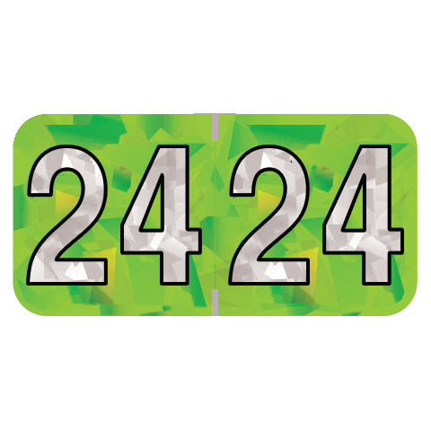 PMA Lime Holographic Year 24 Labels, 3/4" H x 1-1/2" W Laminated- Roll of 500