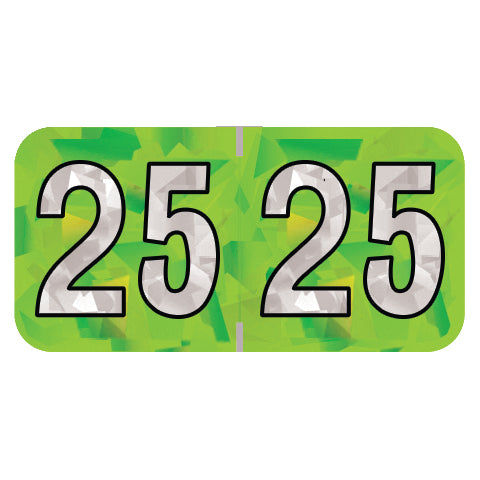 PMA Lime Holographic Year 25 Labels, 3/4" H x 1-1/2" W Laminated- Roll of 500