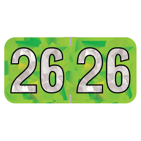 PMA Lime Holographic Year 26 Labels, 3/4" H x 1-1/2" W Laminated- Roll of 500