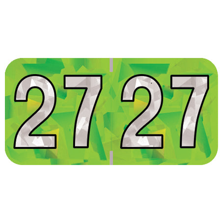 PMA Lime Holographic Year 27 Labels, 3/4" H x 1-1/2" W Laminated- Roll of 500