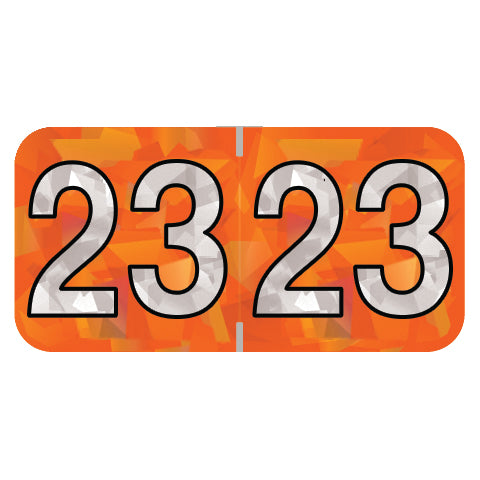 PMA Orange Holographic Year 23 Labels, 3/4" H x 1-1/2" W Laminated- Roll of 500