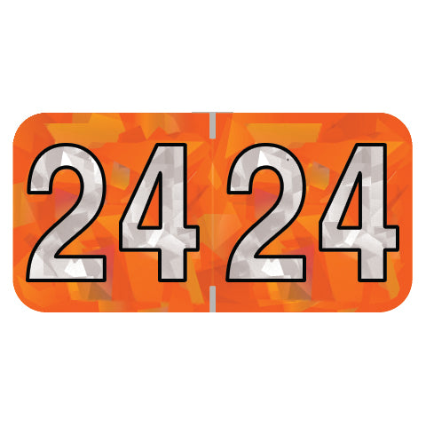 PMA Orange Holographic Year 24 Labels, 3/4" H x 1-1/2" W Laminated- Roll of 500