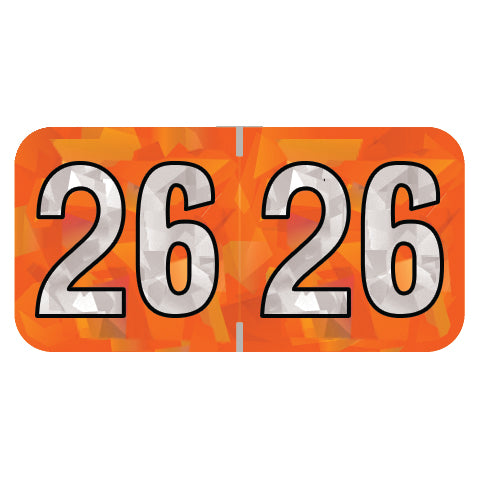 PMA Orange Holographic Year 26 Labels, 3/4" H x 1-1/2" W Laminated- Roll of 500