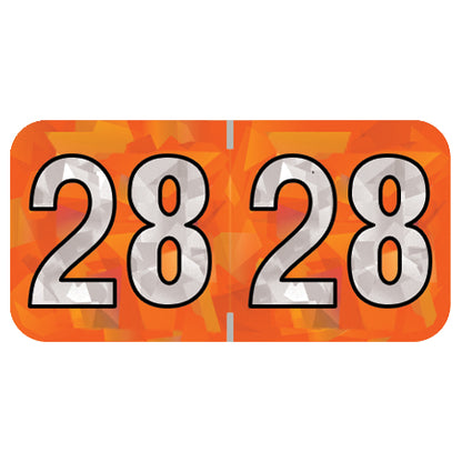 PMA Orange Holographic Year 28 Labels, 3/4" H x 1-1/2" W Laminated- Roll of 500